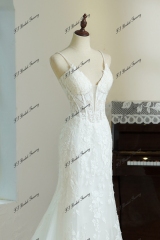 Plunging V-neckline Lace Mermaid Wedding Gown With thin pearl straps