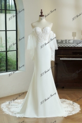 Mermaid Crepe Skirt Lace Wedding Gown With Tulle Sleeves