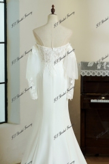Mermaid Crepe Skirt Lace Wedding Gown With Tulle Sleeves