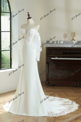 Mermaid Crepe Skirt Lace Wedding Gown With Tulle Sleeves