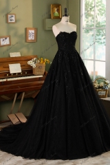 Black A Line Beading Tulle Wedding Gown