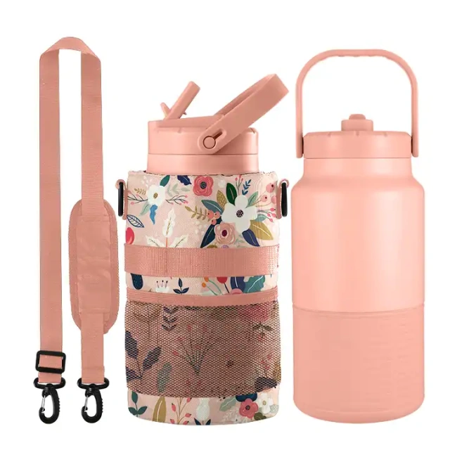 Outdoor straw lid fitness gym sport 18/8 stainless steel double wall insulated vacuum flask 64oz water bottle jug with bag
