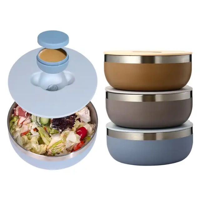 big capacity double wall stainless steel salad bowl with magnet sauce lid