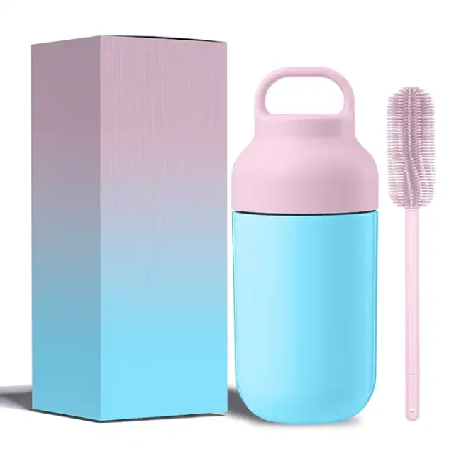 350ml Easy Cleaning Stainless Steel Double Wall PP Handle Lid Wide Mouth Water Bottle for Ice Cold & Hot Drinking