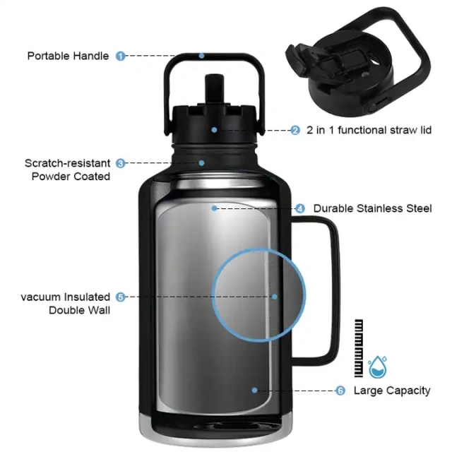Half Gallon 64oz double wall 304 Food Grade Stainless Steel Beer Handle Growler Water Bottle Sports Outdoor Travel