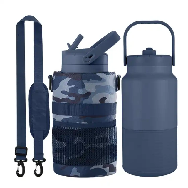 Outdoor straw lid fitness gym sport 18/8 stainless steel double wall insulated vacuum flask 64oz water bottle jug with bag