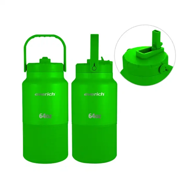 Outdoor straw lid fitness gym sport 18/8 stainless steel double wall insulated vacuum flask 64oz water bottle jug with bag