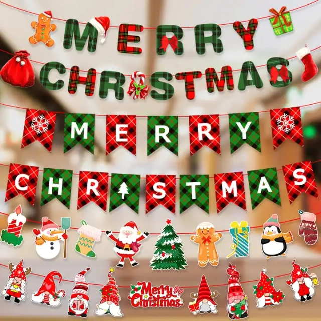 Wholesale Merry Christmas party decoration Paper Letter Flags Banner Party Decoration Christmas paper stripe pull flag