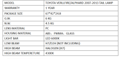 FOR TOYOTA VERLLFIRE/ALPHARD 2007-2013 TAIL LAMP