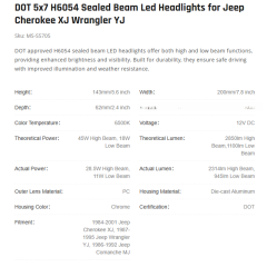 DOT 5x7 H6054 Sealed Beam Led Headlights for Jeep Cherokee XJ Wrangler YJ