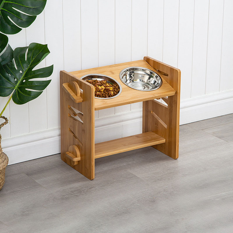 Hot Sale Stand Food Station Bamboo Adjustable Cat And Dog Bowl Double Stand Pet Feeding Bowl Holder Dog Pet Elevated Feeder Pet Bowl