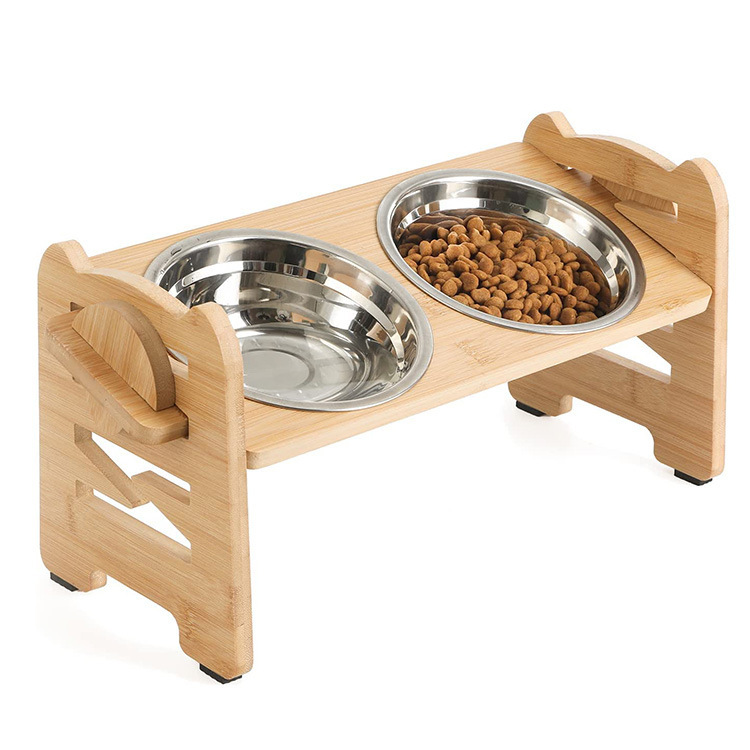 Hot Sale Stand Food Station Bamboo Adjustable Cat And Dog Bowl Double Stand Pet Feeding Bowl Holder Dog Pet Elevated Feeder Pet Bowl