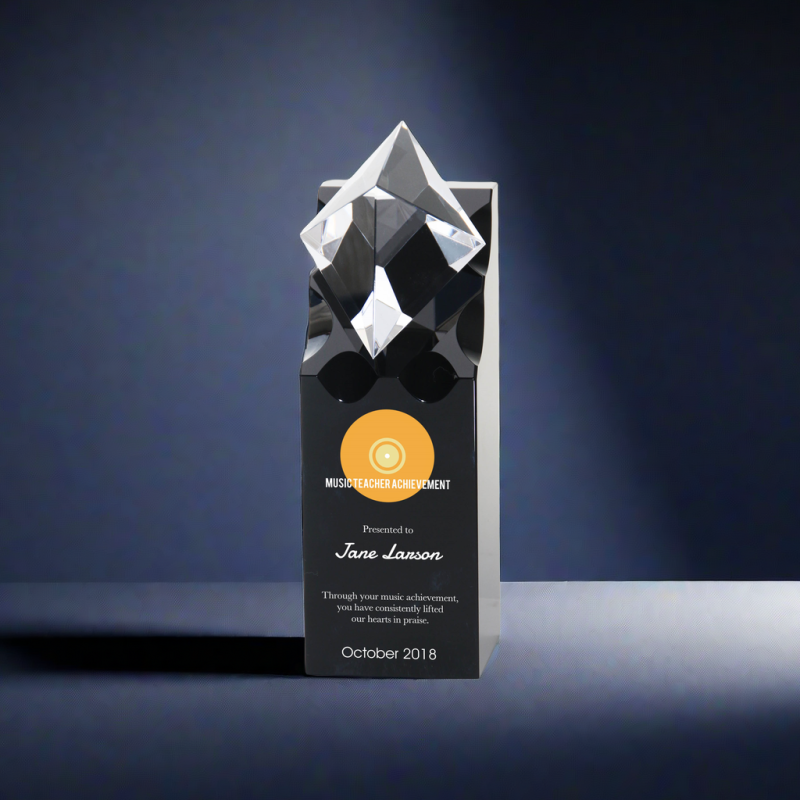 Black Crystal Music Teacher Achievement Award with Clear Crystal Diamond on top