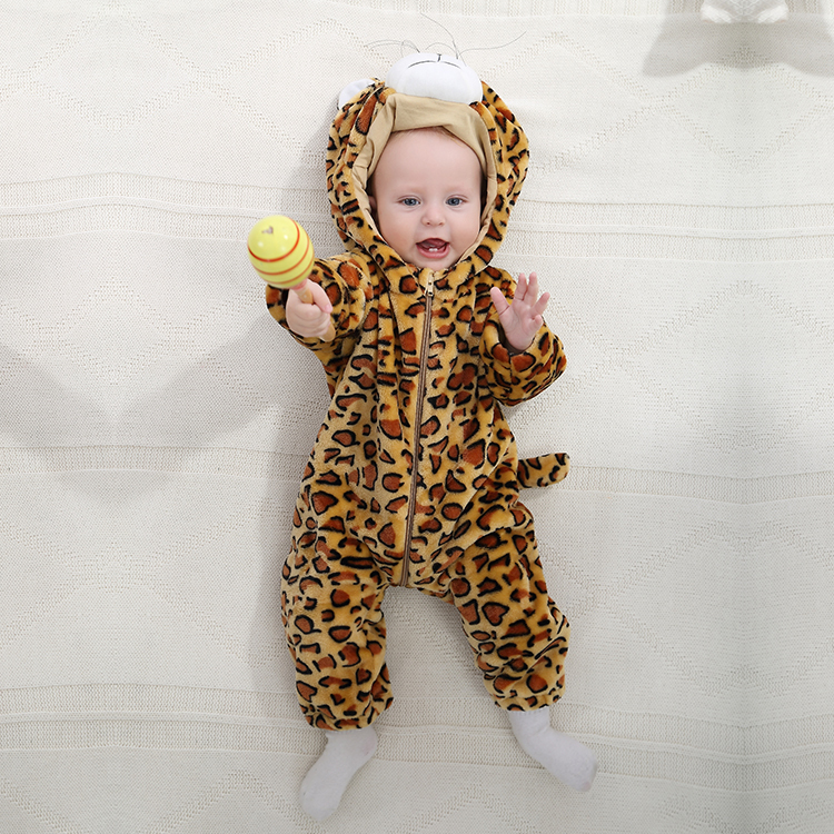 MICHLEY Girls Winter Flannel Jumpsuits Kids Hooded Warm Clothes Autumn Cosplay Leopard Animal Boy Rompers QWE7