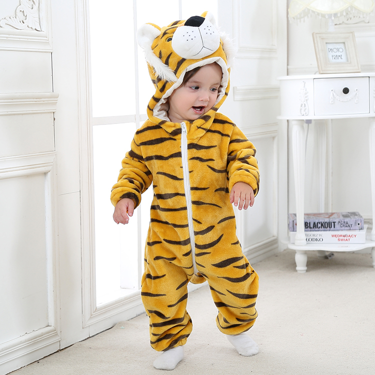Michley Hotsale Girls Tiger Hooded Jumpsuit Infant Stripe Flannel Clothes Winter Boys' Rompers Baby Onesie QWF5