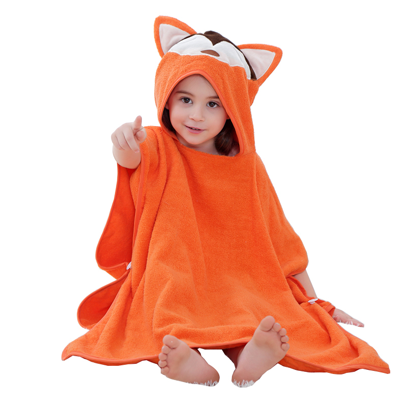 MICHLEY Children Fox Orange Bath Robe Kids Hooded Cartoon Ponchos Beach Towel for Kids WEF-O