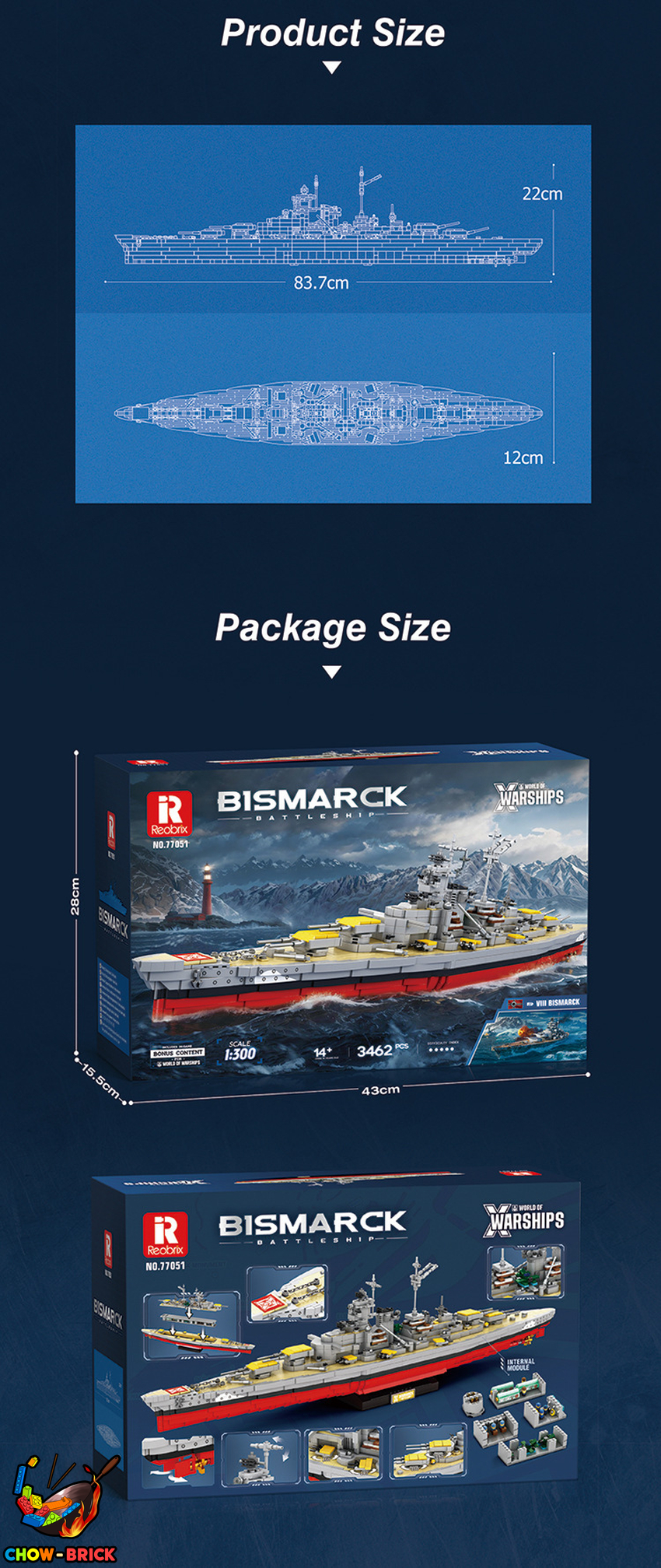 Reobrix 1/300 77051 Bismarck Battleship - View 6 Reobrix 1/300 77051 Bismarck Battleship - View 6