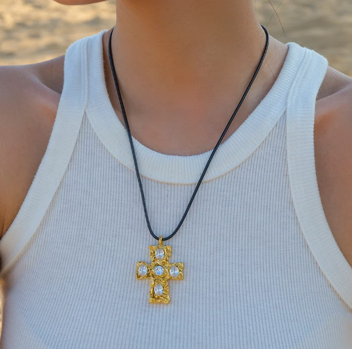 Hammered Zircon Cross Necklace