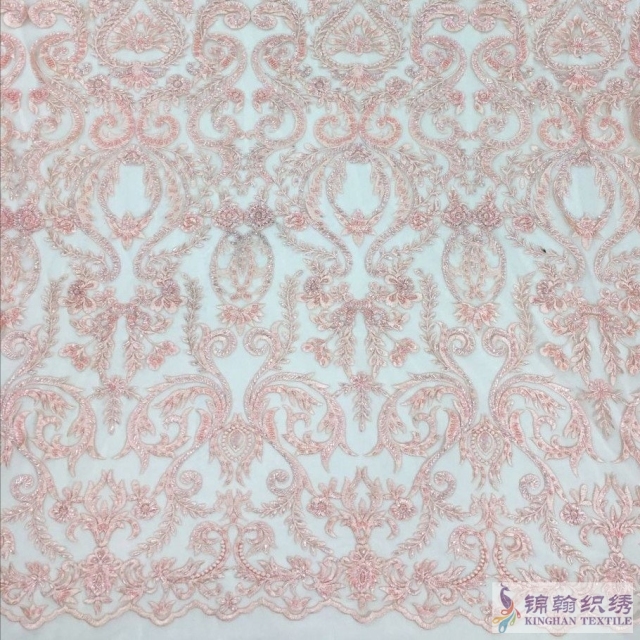 Heavy beaded lace fabric wavy style bridal lace fabric