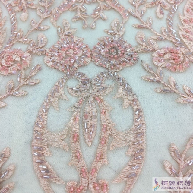 Heavy beaded lace fabric wavy style bridal lace fabric