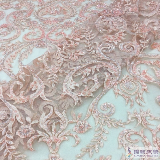 Heavy beaded lace fabric wavy style bridal lace fabric