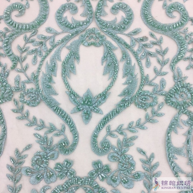 Heavy beaded lace fabric wavy style bridal lace fabric