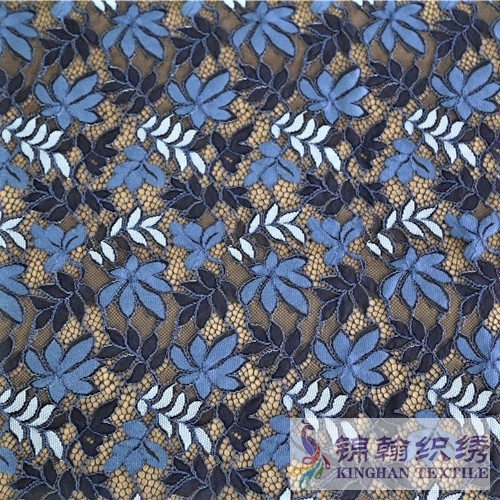 KHLF3001 Blue Tricolor Floral Corded Lace Fabric