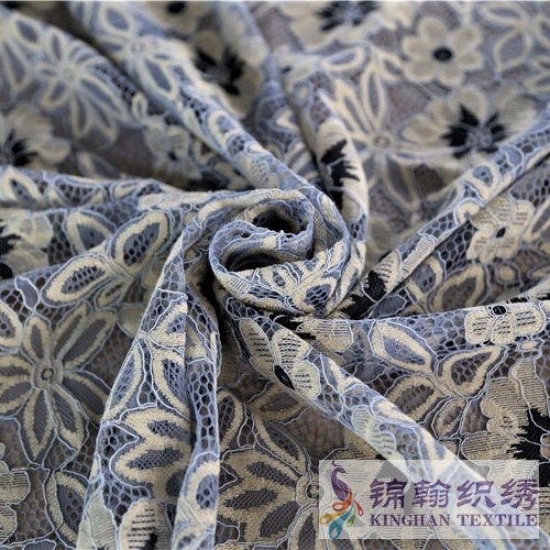 KHLF3013 Light Yellow Blue Black Tricolor Corded Lace Fabric