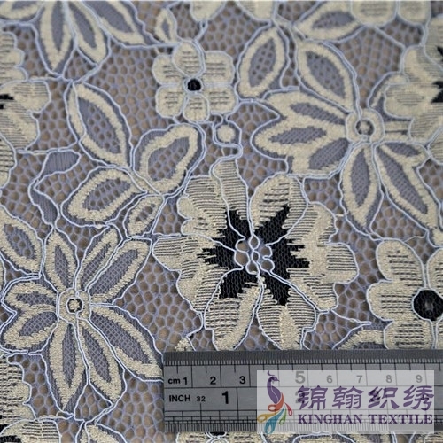KHLF3013 Light Yellow Blue Black Tricolor Corded Lace Fabric