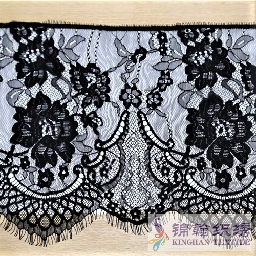 KHLT1003 25cm Black Floral Eyelash Chantilly Lace Trim