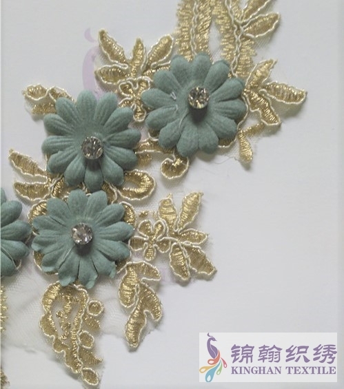 KHLA5023 Blue 3D Flower Rhinestone Lace Applique