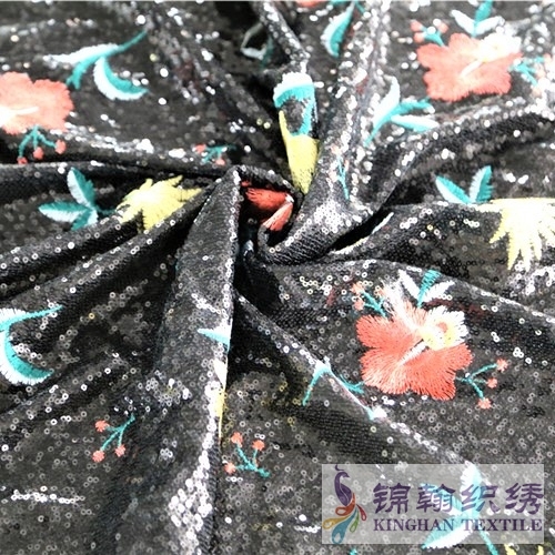 KHSF1017 3mm Black Colorful Flower Sequins Fabric