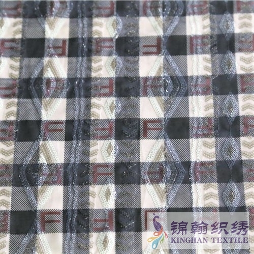 KHSF3003W 3mm Gold White Big Plaid Printed Sequins Embroidered on Chiffon Fabric