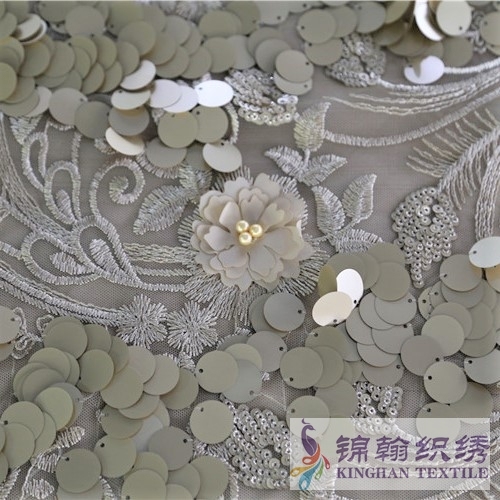 KHSF5003 18mm Gold Yellow 3D Flower Sequins Beaded Embroidered on Mesh Fabric