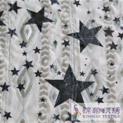 KHSF3004W 3mm Gold Pentagram Shape Printed Sequins Embroidered on Chiffon Fabric