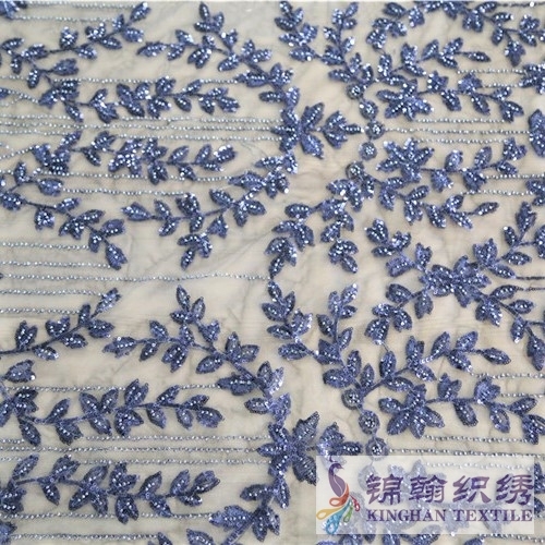 KHSF4004 3mm Navy Beaded Blue Leaves Pattern Embroidered on Mesh Fabric