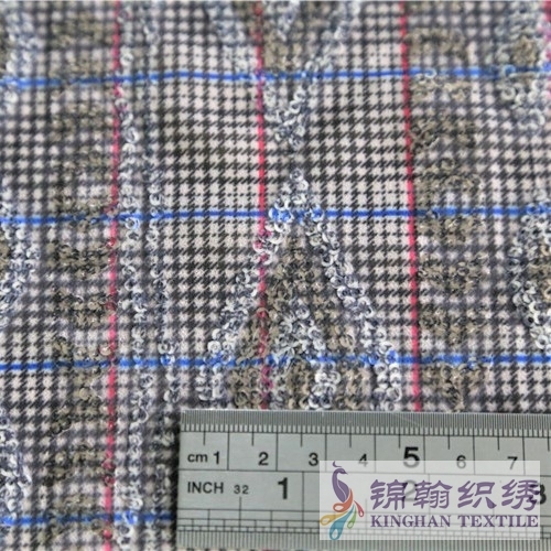 KHSF3002W 3mm Gold White Plaid Printed Sequins Embroidered on Chiffon Fabric