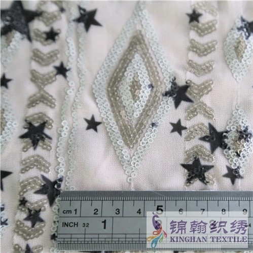 KHSF3004W 3mm Gold Pentagram Shape Printed Sequins Embroidered on Chiffon Fabric