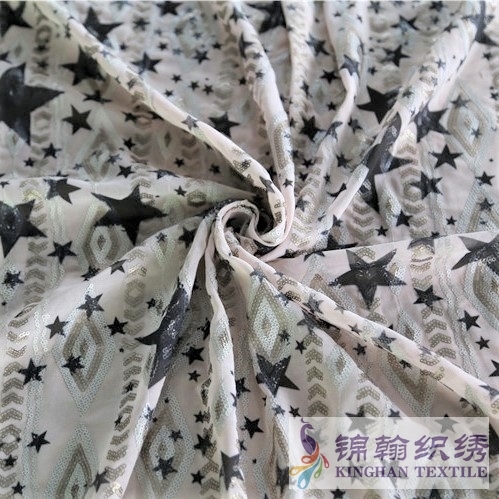 KHSF3004W 3mm Gold Pentagram Shape Printed Sequins Embroidered on Chiffon Fabric