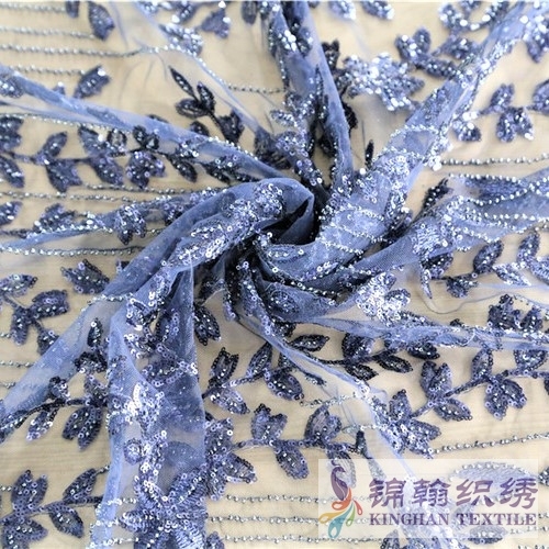 KHSF4004 3mm Navy Beaded Blue Leaves Pattern Embroidered on Mesh Fabric