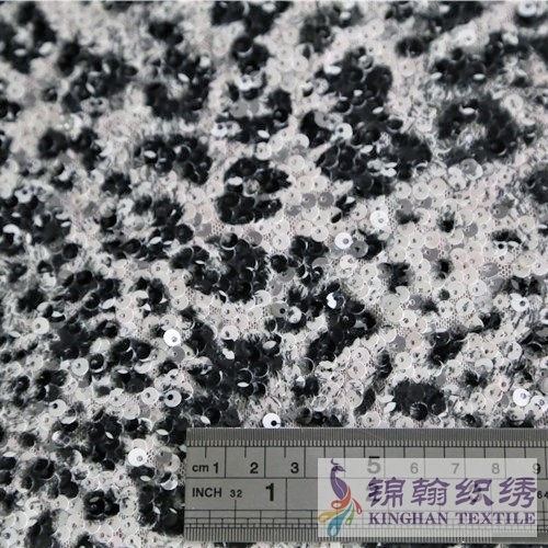 KHSF3006S 5mm White Sequins Snow Leopard Printed Embroidered on Stretch Mesh Fabric