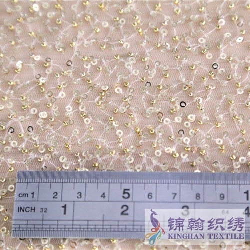 KHSF4003 3mm Gold Sequins Beaded Irregular Pattern Embroidered on Mesh Fabric