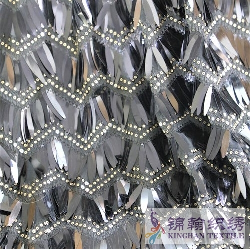 KHSF6006 40mm Black Tiger Tooth Shape Wave Fringe Sequins Embroidered on Mesh Fabric