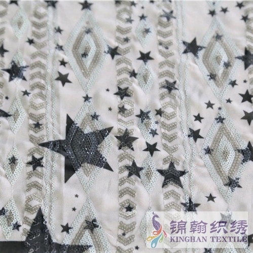 KHSF3004W 3mm Gold Pentagram Shape Printed Sequins Embroidered on Chiffon Fabric