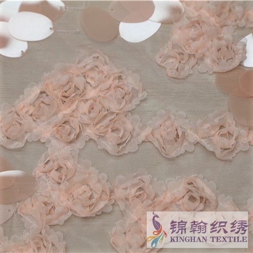 KHSF5001 Pink 3D Flower Sequins Embroidered on Mesh Fabric