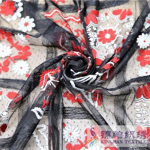 KHME1001 Black White Red Multi-pattern Flat Mesh Embroidery