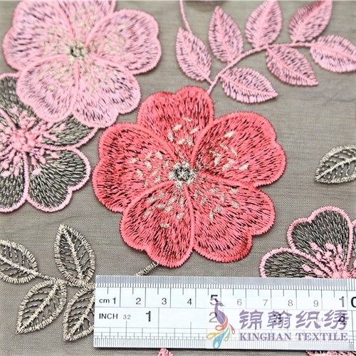 KHME1010G Red Pink Gold Plum Flower Flat Mesh Embroidery