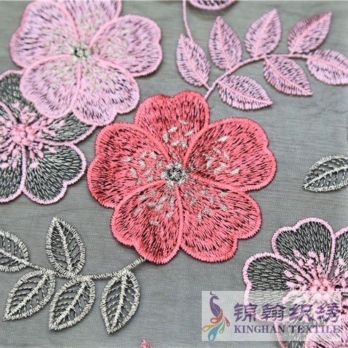 KHME1010G Red Pink Gold Plum Flower Flat Mesh Embroidery