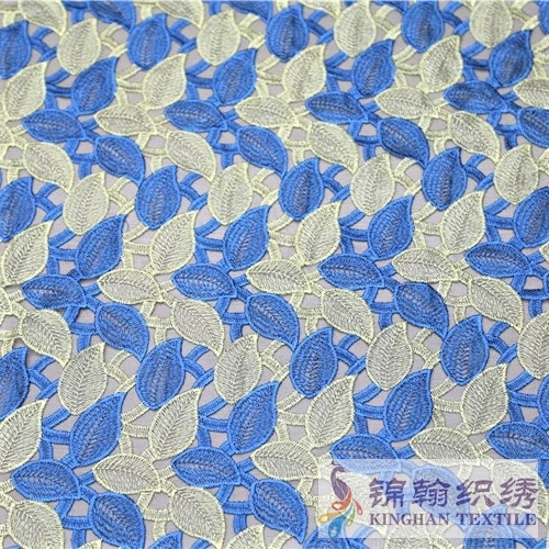 KHME1009G Gold Blue Leaves Flat Mesh Embroidery