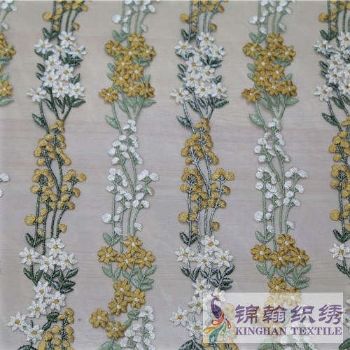 KHME1006 Gold White Green Flower Flat Mesh Embroidery